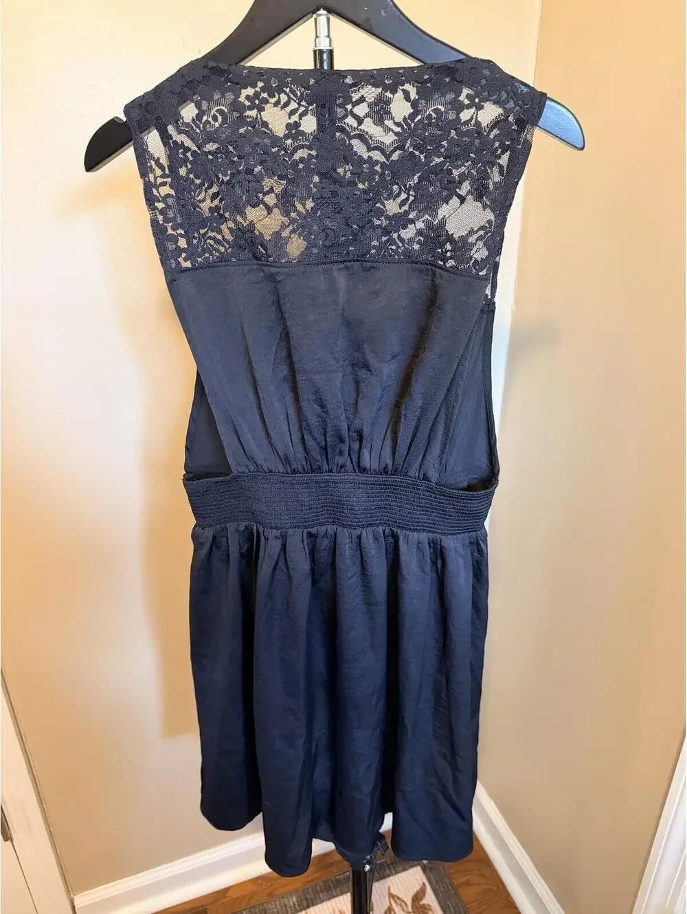 Free People Black Lace Sleeveless Dress XS Boho Sheer Yoke Fit & Flare Midi